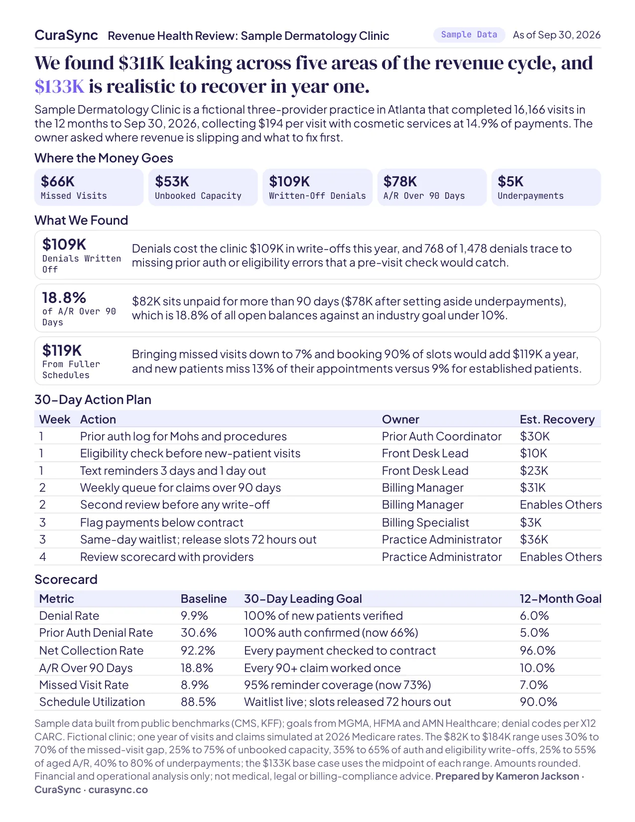 One-page Revenue Health Review: findings, a 30-day action plan and a scorecard, sample clinic.