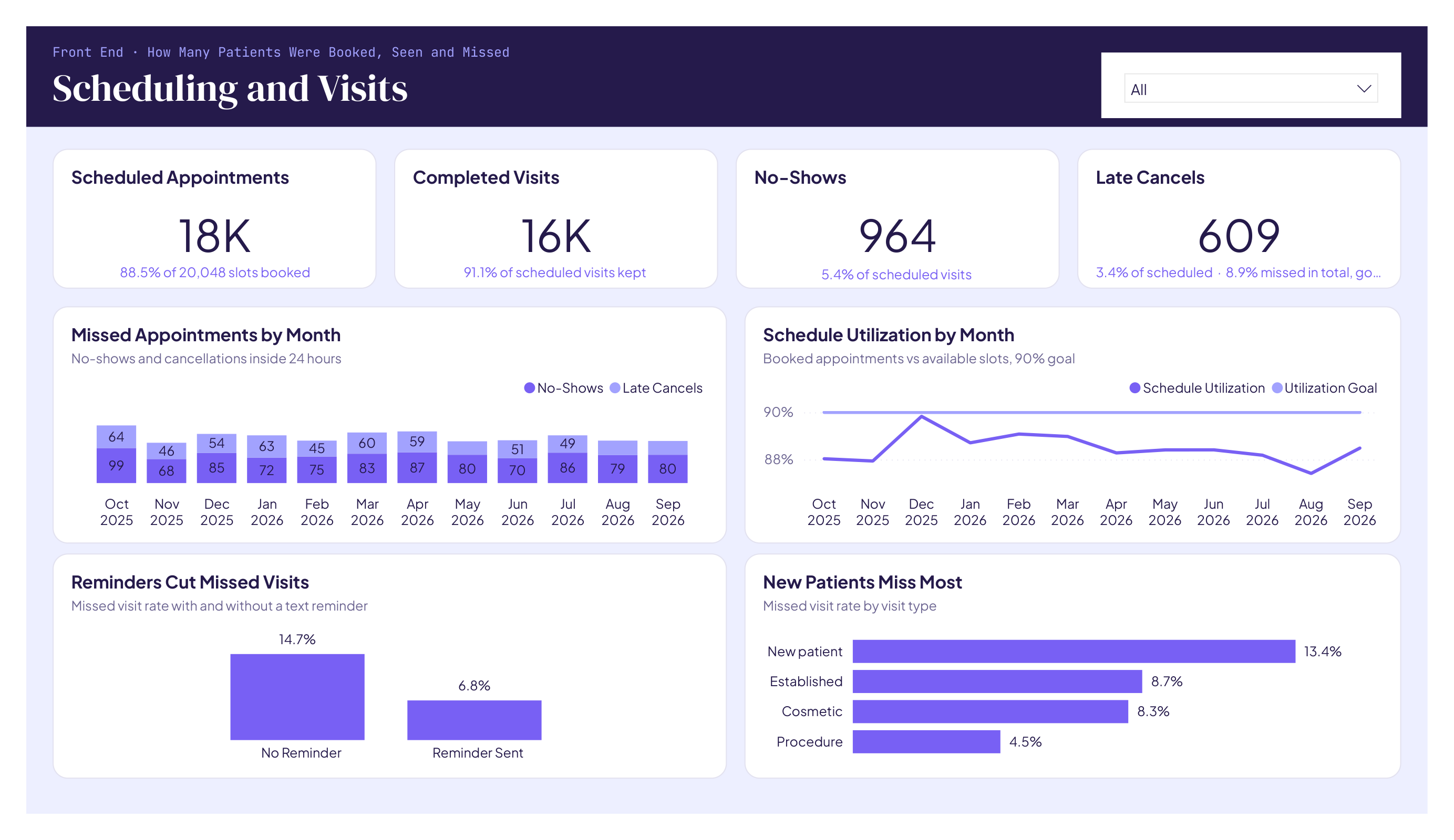 Power BI page: scheduled and completed visits, no-shows, late cancels, missed visits by month and schedule utilization.
